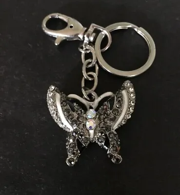 Vintage Keychain JEWELED BUTTERFLY Key Ring Silver Tone Metal Fob Faux Gems 🦋 • $14.93