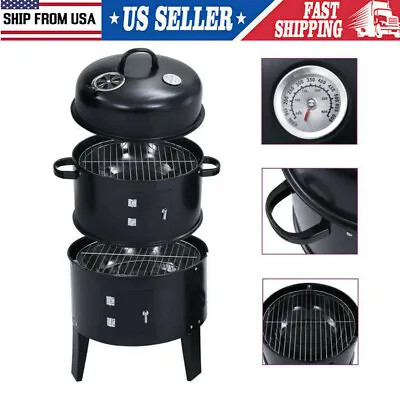 Charcoal Smoker BBQ Grill 3-IN-1 Outdoor Vertical Smoke Portable Meat Cooker NEW • $77.12