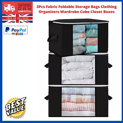 3Pcs Fabric Foldable Storage Bags Clothing Organizers Wardrobe Cube Closet Boxes • £11.99
