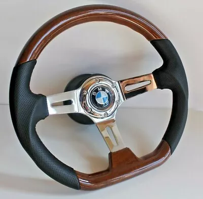 Steering Wheel Fits For BMW  Flat Wood Chrome Sport E9 E12 E21 E23 E24 E28 76-84 • $277.60