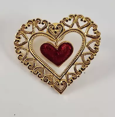 Vintage 1991 Avon Gold Tone Red Enamel Filigree Dangling Heart Brooch Pin 1.75  • $8.46