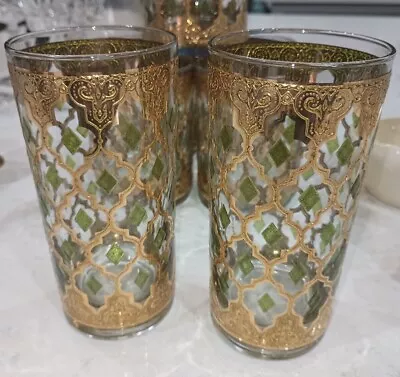 LOT OF TWO: 1962 Culver ValenciaGreen 22k Gold Filigree:Tumbler 12 Oz 5 1/2 T ! • $35