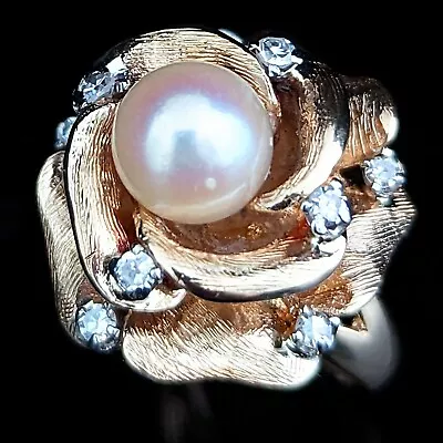 Vintage Pearl Diamond 14k Yellow Gold Cocktail Ring Rose Flower Retro  1960s • $1295