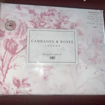 Cabbages And Roses Queen Sheet Set Aldermey Floral Cotton Percale New  Raspberry • $79.99