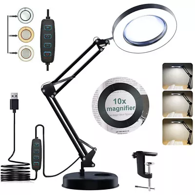 $24.89 • Buy 10X Magnifying Glass Desk Light Magnifier LED Lamp Reading Lamp With Base& Clamp
