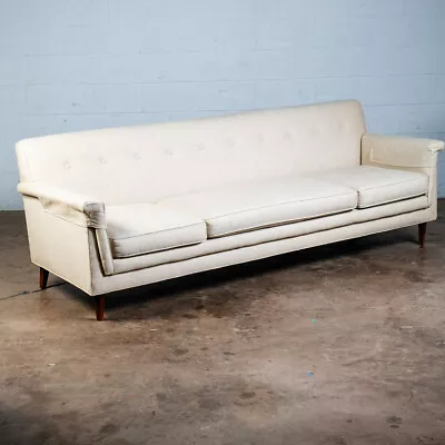 Mid Century Danish Modern Settee Sofa Denmark Solid Teak Wool Tweed Cream White • $1249.98