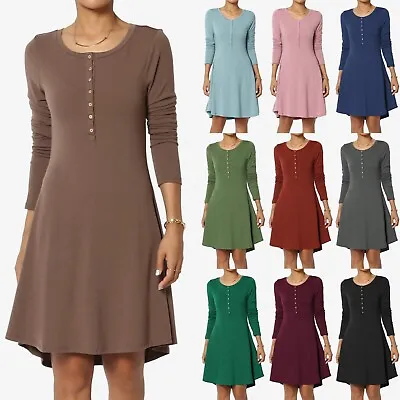 $19.79 • Buy TheMogan S~3X Button Scoop Neck Long Sleeve Fit And Flare Jersey Short Dress