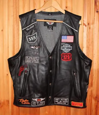 Harley Davidson Motorcycle Reflective SKULL Black Leather Vest 2XL With Patches • $209.99