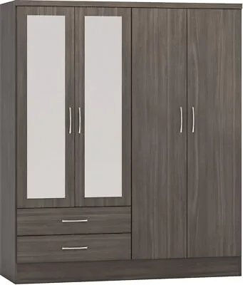 Nevada 4 Door 2 Drawer Mirrored Wardrobe In Black Wood Grain Effect Hanging Rail • £287.99