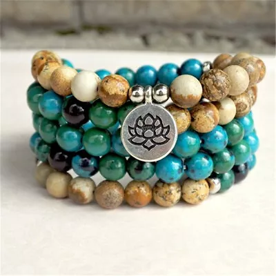 6mm Malachite Picture Stone Lapis Mala Bracelet Lotus Pendant Spirituality Pray • $8.90