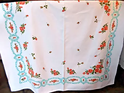 Vintage Print Tablecloth Orange Roses With Turquoise Frame Border • $15