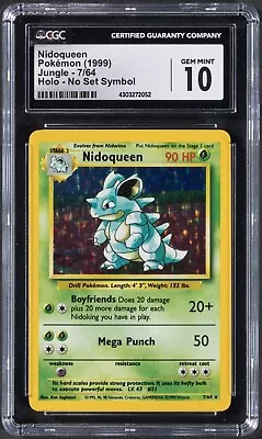1999 Pokemon Jungle Set Nidoqueen 7/64 Rare Holo - No Set Symbol Error CGC  10 • $289