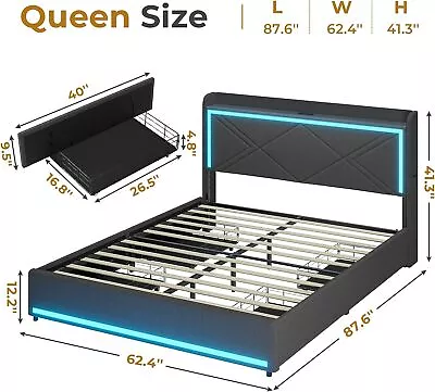 Full/Queen Size Bed Frame With LED Headboard Modern Upholstered Platform Bed • $279.89