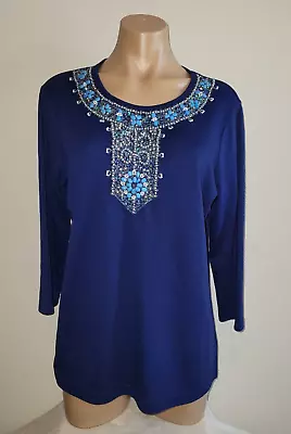 Quacker Factory Medium Blue Beaded Embellished Neck 3/4 Sleeve Blouse Top • $34.95