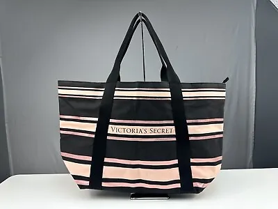 Victoria’s Secret Canvas Tote Bag Stripped Glitter Pink Black Sparkle 20  • $11.40