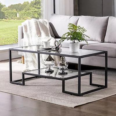 Modern Rectangle Glass Top Coffee Table Accent CocktailStorage Shelf Living Room • $109.99