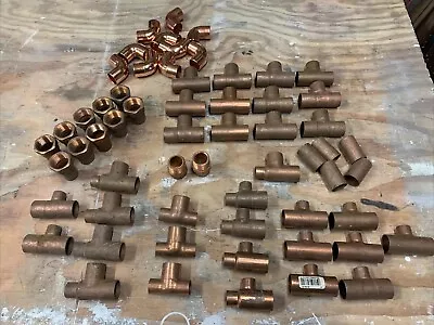 60 Assorted Copper Pipe Fittings - 1/2  To 3/4  Tees Ells Couplings NOS • $24.99