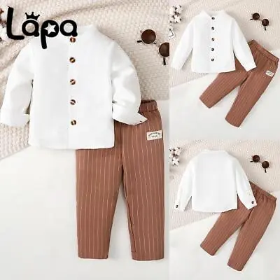 Kids Baby Boys Gentleman Suit Outfits Tops+Striped Pants Trousers Clothes Set UK • £8.49