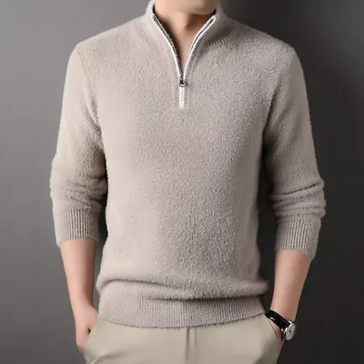 Faux Mink Velvet Thicken Sweater Men Half Zipper Stand Collar Warm Knitted Shirt • $37.40