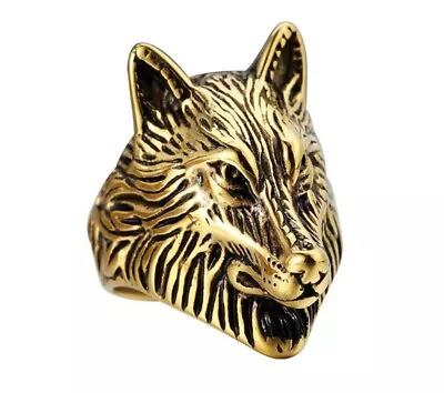$11.99 • Buy Men Punk Animal Brave Wolf Head Gold Titanium Stainless Steel Ring Men 8-12