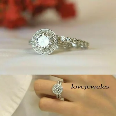 2.10CT Real Round Cut Moissanite Engagement Wedding Halo Ring Set 925 Silver • $189.65