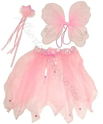 Pink White Fairy Wings Wand And Tutu Fancy Dress Set Girls Costume Angel Dress • £6.99