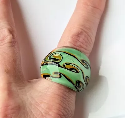 Lampwork Murano Inspired Glass Wide Ring Yellow GREEN Black WAVE Swirl Size 7.5 • $12