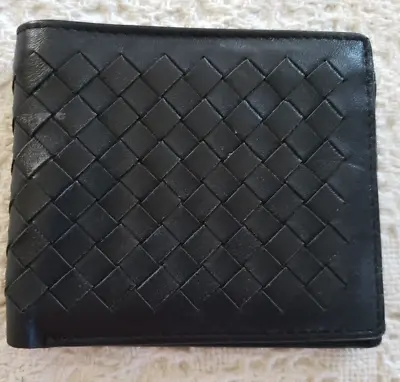 BOTTEGA VENETA Black Intrecciato Woven Leather Mens Bifold Wallet Italy • $155