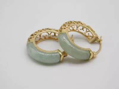 Fancy Vintage 14k Solid Yellow Gold Jade Stone Pierced Scrolling Hoop Earrings • $249.99