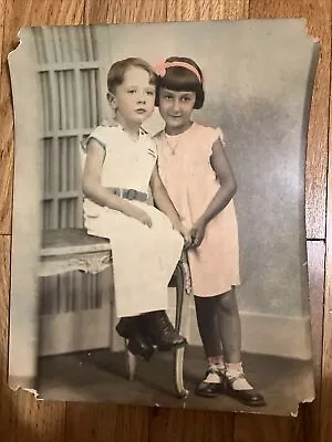 8 X10  Hand Colored Vintage Studio Photograph Sweet Girl And Boy Great Colors • $15