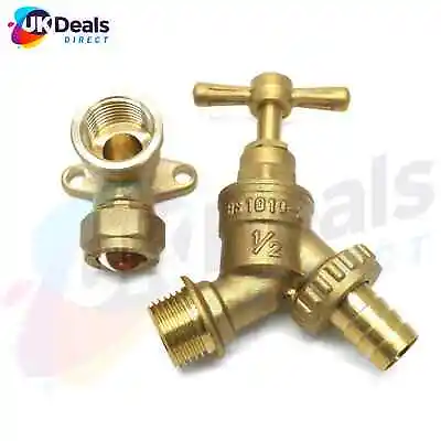 Garden Tap Outside Tap Kit With Brass Wall Plate Elbow Or PTFE - CHOOSE • £3.25