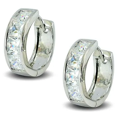 9ct White Gold Filled Hoop Earrings With White CZ Crystals Womens 9k • £17