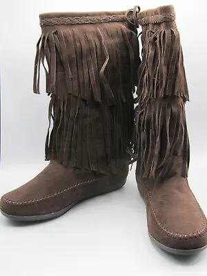RAMPAGE Dark Brown Double Fringe Pull On Flat Boot Moccasin Women's Size 8.5 NEW • $19.99
