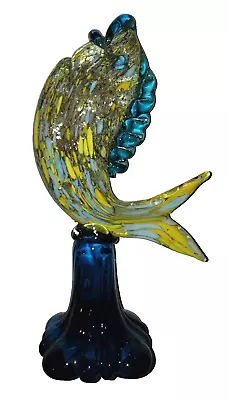 Vintage Murano Art Glass Fish Sculpture Paperweight Yellow Blue Gold Flecks 11  • $85