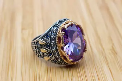 Solid 925 Sterling Fine Silver Natural Purple Amethyst Gemstone Huge Men's Ring • $75.82