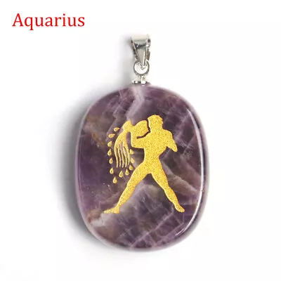 Natural Amethyst 12 Constellations Pendant Crystal Quartz Carved Necklace Reiki • $2.99