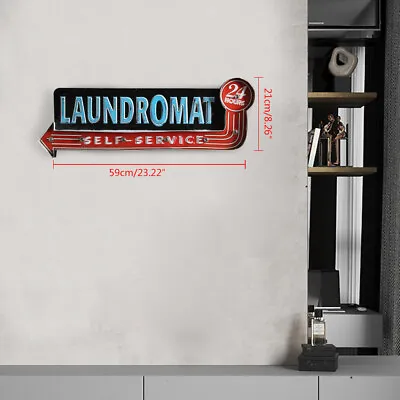 Vintage Hanging Signs LAUNDROMAT Laundry Shop Art Wall Decor Metal LED Light • $43