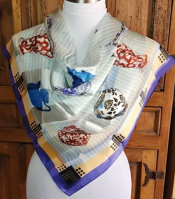 Aurora 100% Silk Charmeuse Scarf 35  X 34  Pastels & Purple 'Vases' Motif • $15.99