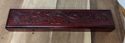 Vintage 12 Oriental Chopsticks Ornate Hand Carved Hardwood Wooden Dragon Box • $42