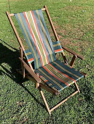 Retro Vintage Wooden Wood Fabric Adjustable Beach Chair MCM Deck • $129.99