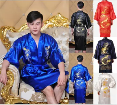 Men Chinese Dragon Kimono Dressing Gown Bath Robe Silk Satin Nightwear Pajamas • £17.99