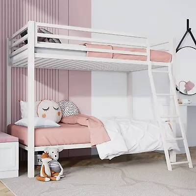 Twin Over Twin Metal Bunk Bed For Juniors Industrial Twin Bunk Beds FrameWhite • $229.99