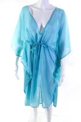 Echo Womens Sheer V-Neck Drawstring Waist Swim Cover Up Dress Blue Size OS • $42.69