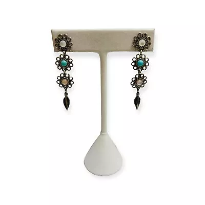 QT Sterling 925 Silver Turquoise Moonstone Flower Dangle Earrings • $39.20