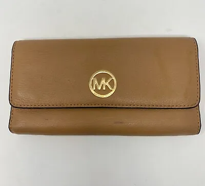 Michael Kors Pebbled Leather Wallet FULTON Flap Continental Tan Jet Set Foldover • $42.55