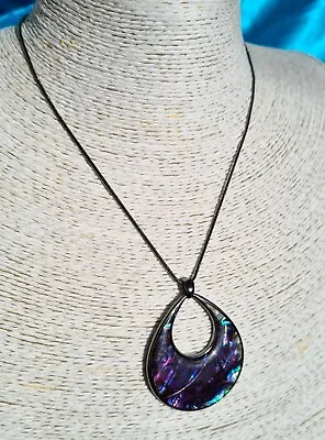 M&S Purple & Blue Abalone Shell Agogo Pendant Necklace On A Silver Grey Chain • £6.50