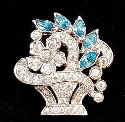 Rare Stunning Mazer Dazzling Teal & Crystal Rhinestone Flower Basket Brooch Vtg • $165