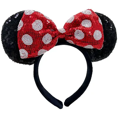 Minnie Mouse Ears Red & White Polka Dot Bow Sequin Ears Sparkly Mickey Headband • £5.33