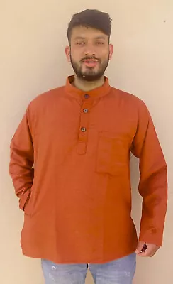 Linen Flax Dark Saffron Grandad Full Sleeve Men's Collarless Kurta Shirt • £17.99