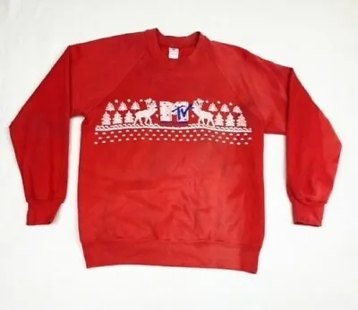 Vintage 90s MTV Ugly Christmas Sweater Sweatshirt Large Red Holidays Music Video • $56